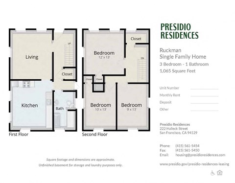 Floor plan for 3 beds, 1 bath, 1065 sqft